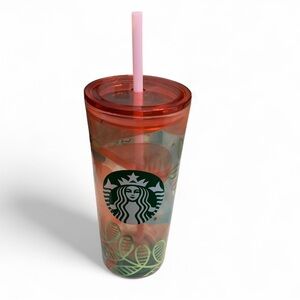 Starbucks Glass Tumbler 2019 Spring Floral Easter 18oz Peach Green w/ Lid  KT332